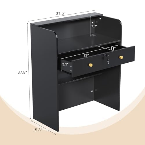 OmySalon Black 32" Reception Desk with Lockable Drawer, Modern Wooden Front Counter for Salon & Office
