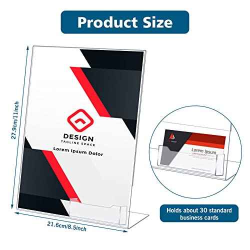 Crtiin 6 Pcs 8.5 x 11 Inch Acrylic Slanted Sign Holder with Business Card Holders Clear Display Stand Flyer Stand with Gift Card Holder for Office Table Advertisement Brochure