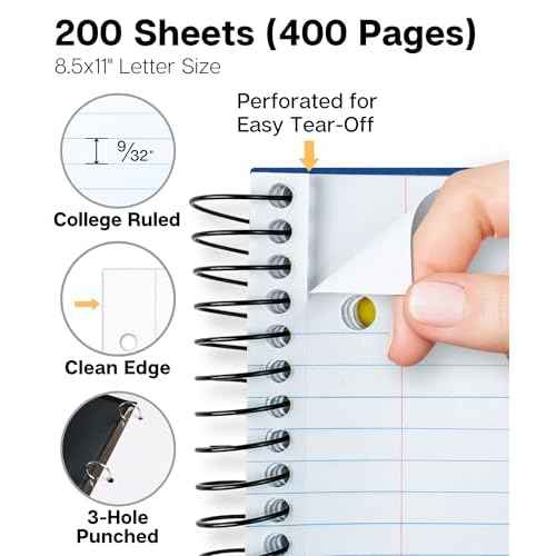 Dunwell 5-Subject Spiral Notebook, College Ruled (Blue), Colorful Movable Pocket Dividers with Tabs, Front/Back Plastic Covers, 200 Sheets (400 Pages) of 3-Hole Punch Perforated 8.5x11 Paper