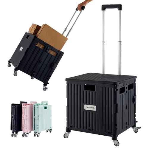 Folding Utility Cart Portable Rolling Crate Handcart Shopping Trolley Collapsible Tool Box, with Lid, Basket on 4 Rotate Wheels, for Grocery, Office, Luggage, Teacher (Black)