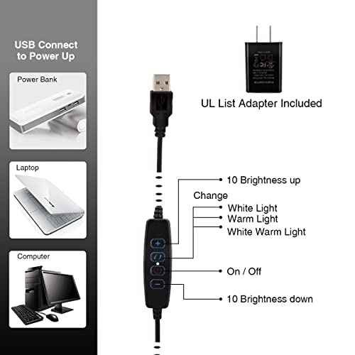 Clamp on Lamp, Clip Light, Desk Lamps 3 Color Temperature Setting, 10 Brightness Levels, 2m USB Cord Power Supply and AC Adapter Included, Pack of 2 (Black)
