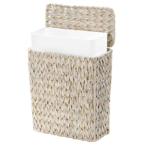 Wicker Trash Can with Lid and Liner,Boho Decotative Small Bathroom Trash Cans,Waterproof Slim Waste Basket for Bedroom,Home Office,3 Gallon