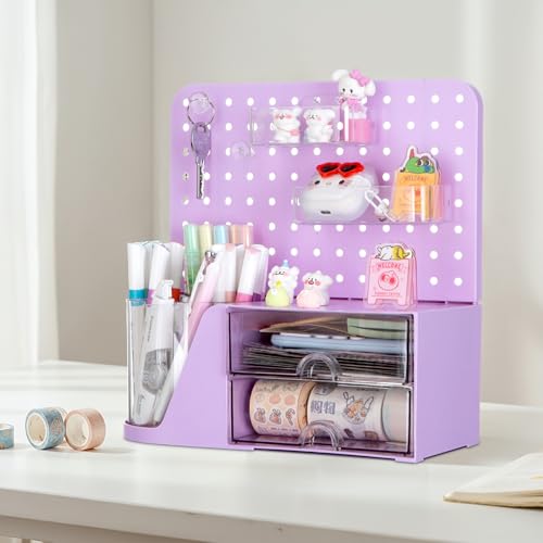 Purple Comix Desk Organizer with 2 Drawers & 360° Rotating Pen Holder