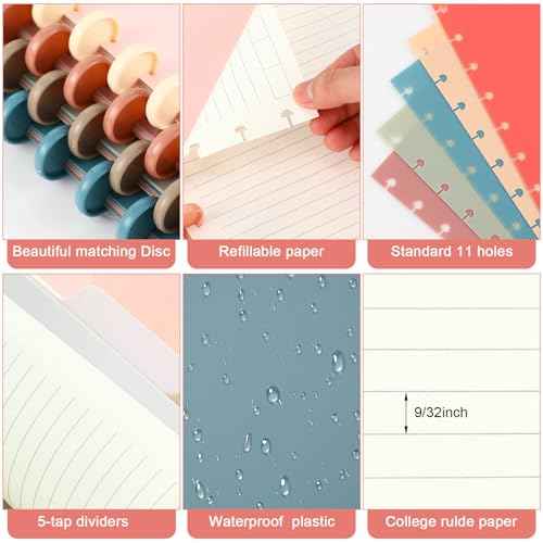 Glenmal 4 Sets Discbound Notebook, 8.5" x 11" Customizable Notebook Letter Size Includes Discs 5 Tab Note Dividers College Ruled Removable Pages Refillable Subject Journal for Office(Bright Color)