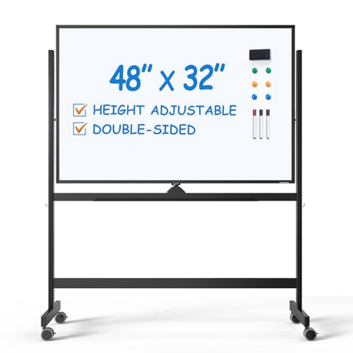 TSJ OFFICE Black Large Rolling Whiteboard - Magnetic Dry Erase Stand, Height Adjustable, Double Sided, 48x32 Inches