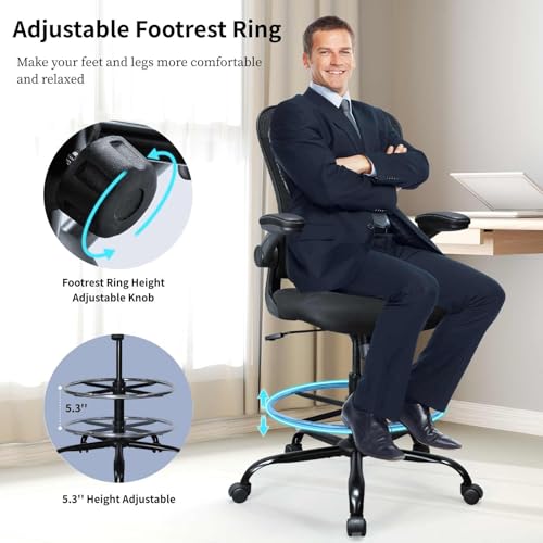TopBSHODC Drafting Chair Ergonomic Tall Office Chair with Foot Ring & Adjustable Lumbar