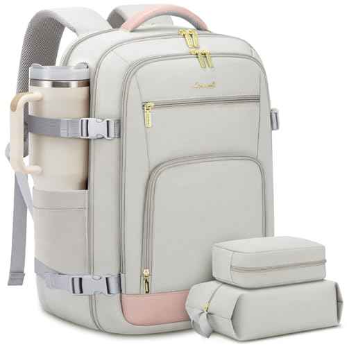 LOVEVOOK Travel Backpack For Women, 40L Carry On Backpack Flight Approved, TSA Personal Item Travel Bag Fits 17 Inch Laptop, Business Weekender Overnight Waterproof Daypack With 2 Cubes, Grey-Pink