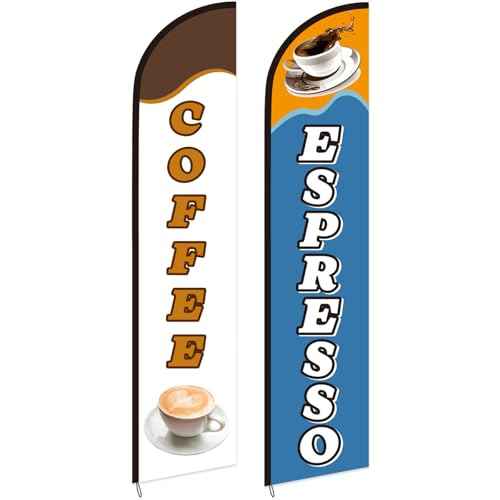 2 Pack Coffee Espresso Feather Flags Cafe Feather Swooper Flag Banner 2.5 x 12 ft Tall Heavy Duty Coffee Espresso Shop Advertising Marketing Sign Weatherproof for Outdoor Business Flag Only