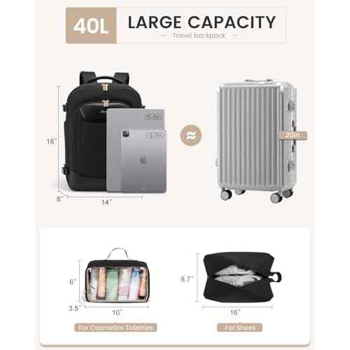 LOVEVOOK 40L Travel Backpack for Women Men, Large Carry on Backpack for Airplanes TSA Personal Item Travel Bag fits 15.6" Laptop, Waterproof Weekender Essentials Airline Approved with 2 Packing Cubes