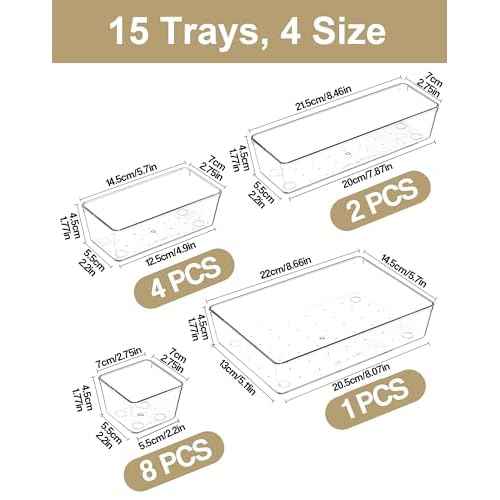 15Pcs Clear Plastic Drawer Organizers Set, 4size makeup drawer organizer trays for vanity/desk/bathroom/office/nightstand/gadgets for kitchen/desk drawer, Versatile drawer divider storage bins