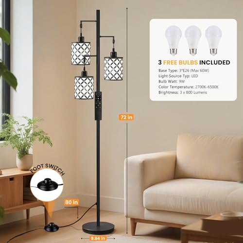New Upgraded 72" Tall Dimmable Floor Lamp with Remote Control & White PC Shades, Farmhouse Standing Lamp with Bulbs, Industrial Tree Pole Floor Lamps for Living Room, Bedroom, Study Room, Office-Black