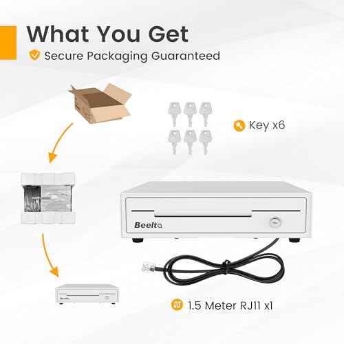 13" Cash Rigister Drawer for Small Business, 4 Bill/5 Coin with Check Slot, Steel Construction, Works with POS (Includes Keys & RJ11/12Cable) - White BK1313S