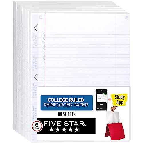 Five Star Loose Leaf Paper + Study App, 6 Pack, Notebook Paper, College Ruled Filler Paper, Reinforced, Fights Ink Bleed, 8.5 x 11, 80 Sheets per Pack (170025)