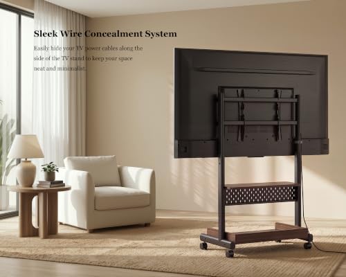 FITUEYES Walnut Rolling TV Stand Mount for 40-85in TVs with Wooden Shelf