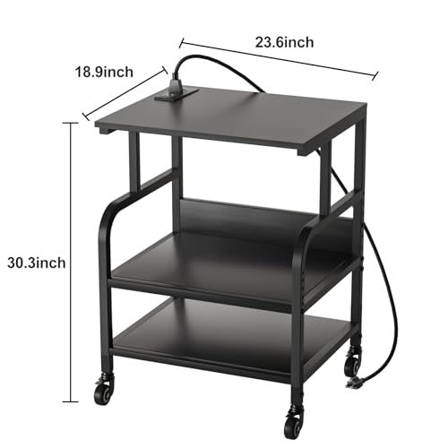 Large Printer Stand with 3-Tier Wood Storage Shelves -Multi-Purpose Desk Organizer- for Printer Scanner Fax Home Office Use with Wheels (Jet Black)