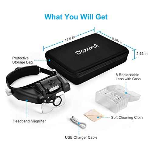 Magnifying Glass with Light 1X to 14X, Rechargeable Magnifying Glasses, Head Mount Manifying Glass, Headset Magnifier with Detachable Lens, Headband Magnifier for Close Work Jewelers Crafts