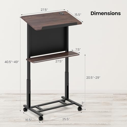 Tangkula Walnut 3-Position Height Adjustable Rolling Podium/Lectern with Tilted Tabletop
