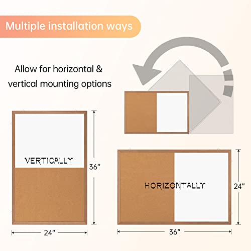 Miou 36x24 Inch Combination Magnetic Whiteboard Cork Bulletin Board - Wall Mount Combo with Natural Wood Frame