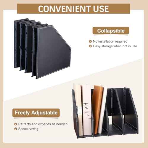 GORESE Collapsible Magazine File Holder, PU Leather Vertical File Folder Organizer for Desk with 4 Compartments, Magazine Holder Binder Storage Clipboard Rack File Sorter for Office Home School, Black