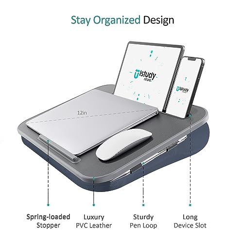 ISTUDYNITURE Portable Lap Desk with Cushion, Fits up to 15.6 inch Laptop, Laptop Stand with Device Ledge and Phone Holder, for Home Office (Grey, Small)