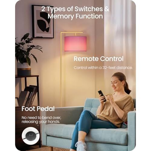 Modern Gold Arc Floor Lamp, Corner Tall Lamp with Remote, Arched Reading Light with Fabric Shade, Floor Lighting for Living Room, Bedroom, Office, Study, Pink, LED Bulb Included, DP11LD05