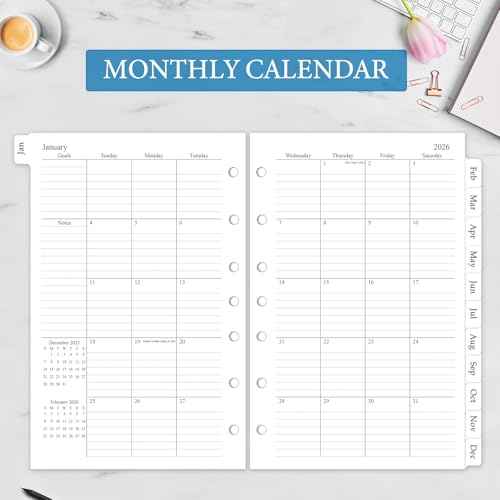 2026 Weekly & Monthly Planner Refill, A5 Medium Planner Inserts with Monthly Tabs, Size 4, 5.5"x8.5", Jan. 2026 - Dec. 2026, 7-Hole Punched