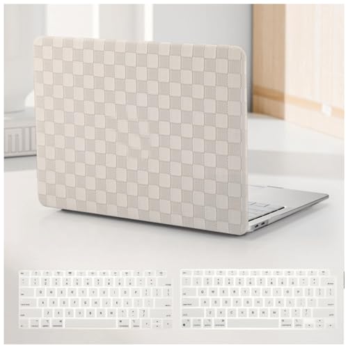 Compatible with MacBook Air 13 Inch 2022 2021-2018 M1 A2337 A2179 A1932, Checkered Textured Cream Leather Hard Shell Case Logo Cutout & Keyboard Cover for Mac Air 13, Beige