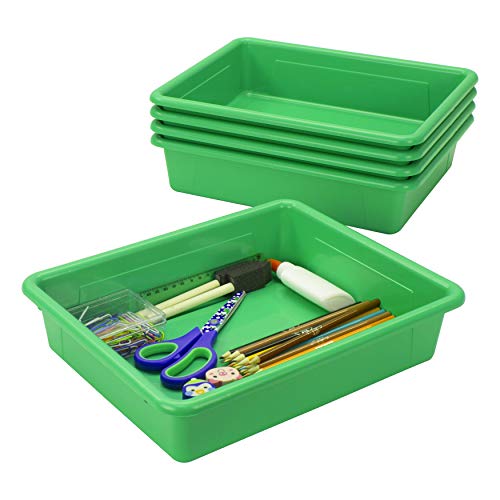 Storex Letter Size Flat Storage Tray ? Organizer Bin with Non-Snap Lid for Classroom, Office and Home, Green, 5-Pack (62539U05C)