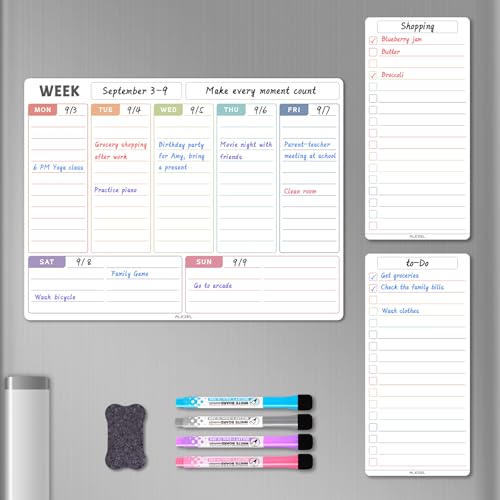 Magnetic Weekly Calendar Whiteboard for Fridge, Refrigerator Dry Erase Weekly White Board, Includes Magnetic Weekly Planner for Fridge with 2 List Boards, 4 Markers + Eraser
