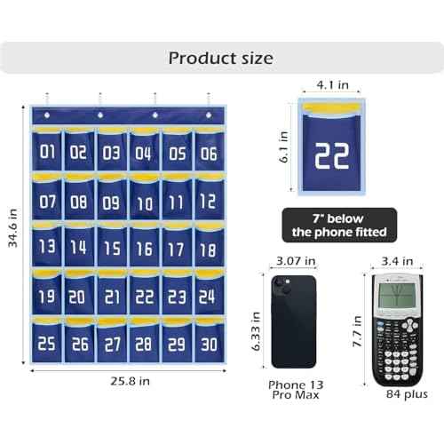 MISSLO Classroom Cell Phone Calculator Holder Numbered 30 Pockets Chart Hanging Wall Door Storage Organizer (Blue)