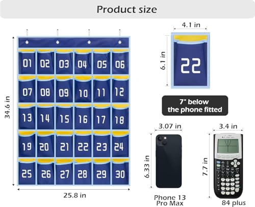 MISSLO Classroom Cell Phone Holder 30 Pockets Hanging Wall Organizer (Blue)