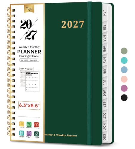 Taja 2027 Hardcover Planner 6.3 x 8.5 inch with Monthly Tabs & Elastic Band