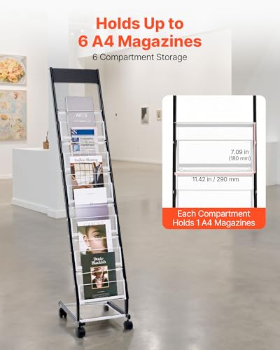 VEVOR 6-Tier Narrow Metal Brochure Display Rack on Wheels, 12.8" Wide