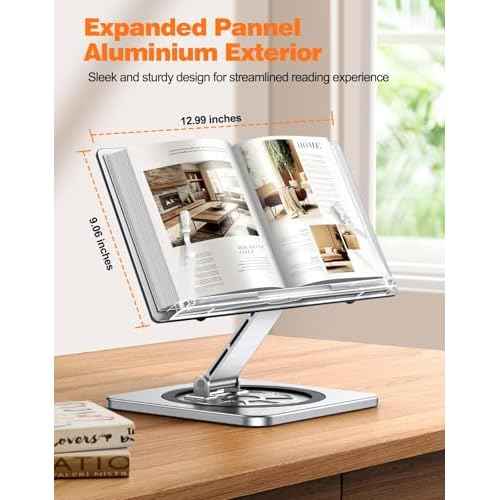 Book Stand for Reading, Book Holder with 360¡Æ Swivel Base & Elastic Page Clips, Adjustable Cookbook Stand for Kitchen Counter, Recipe/Textbook/Music Scores Stand for Desk