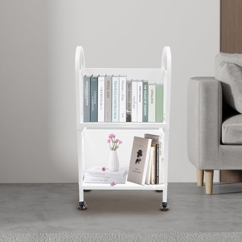 ACNAO 34in Two-Tier Rolling Book Cart with Lockable Wheels – Narrow Library/Home Book Cart