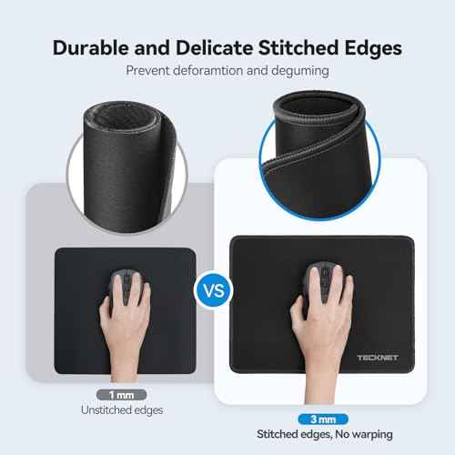 TECKNET 4 Pack Mouse Pad with Anti-fray Stitching, Waterproof Surface & Non-Slip Rubber Base with Stitched Edges Gaming Mouse Mat for Laptop, Compatible with Laser and Optical Mice - Black