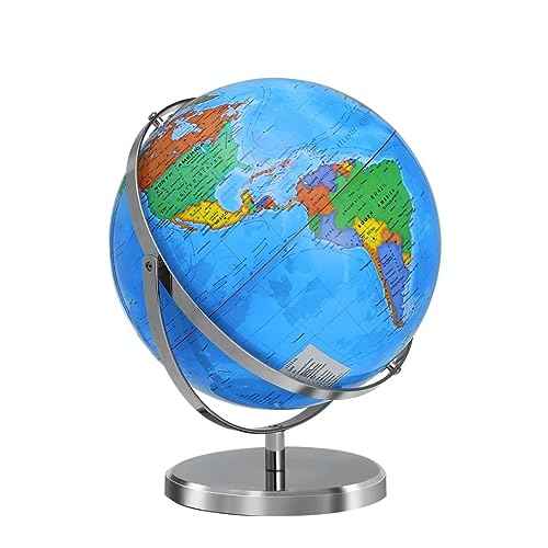 World Globe with Stainless Steel Stand 13 inch, 720 Rotating & HD Waterproof Material, Teaching/Geographic/Decorative Globes with Clear Text for Elementary, Classroom, Home, School, Office