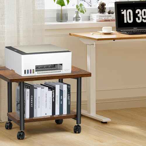 Under Desk Printer Stand - 2-Tier Industrial Mobile Printer Table with Storage Shelf, Heavy Duty Wood Rolling Printer Cart with Wheels for Home and Office,Rustic Brown