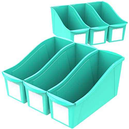 Storex Large Book Bin, Interlocking Plastic Organizer for Home, Office and Classroom, Teal, 6-Pack (71120U06C)