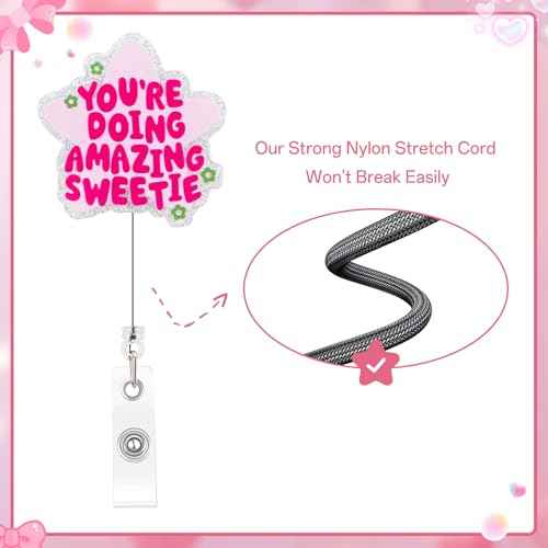 Cute and Funny Nurse Badge Reel, Retractable Nursing Social Worker Badge Reel Accessories, Pink Id Card Holder for Women Girl, You're Doing Amazing Sweetie, Nurse Gifts
