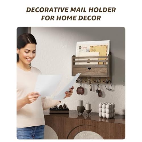 Rebee Vision Farmhouse Wood Mail Organizer Wall Mount - Key and Mail Holder for Wall with Storage Drawer and 7 Key Hooks - Rustic Home Decor for Entryway, Office and Garage (Retro Brown)