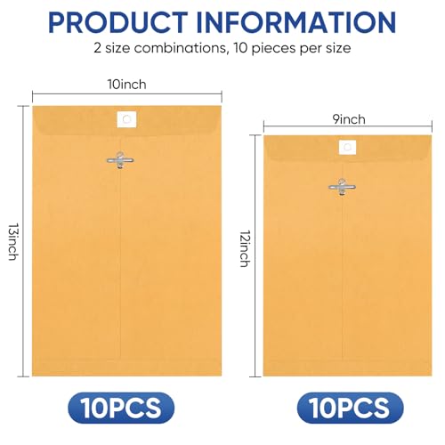 20 Pack Heavyweight Brown Kraft Clasp Envelopes 9x12 & 10x13 for Office & School