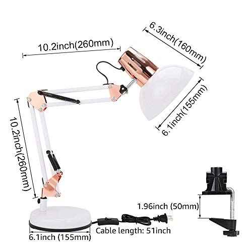 PowerKing Metal Swing Arm Desk Lamps, Adjustable and Flexible,Feading with Base and Clip 2-in-1 Function, Fit E26&E27 Bulbs Base, Application in Bedroom Living Room, Office Home (White+Rose Gold)