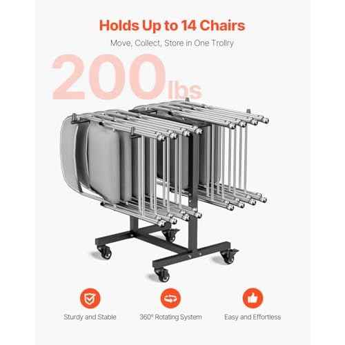 VEVOR Folding Chair Rack, 200 LBS Capacity, T-Shape Chair Cart for 14 Chairs, Heavy-Duty Metal Chair Storage Dolly with Rubber Wheels, Multi-Function Chair Holder for Party Event,Hotel, Matte Black