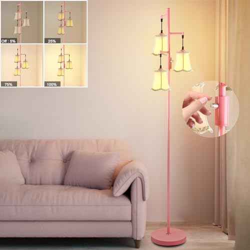 Lightdot 66IN Dimmable Floor Lamp for Living Room, Industrial 3-Light Tree Floor Lamps with LED E26 Bulbs Included, Mid Century Floor Lamp with Fabric Flower Lampshades for Bedroom HOM Office-Pink