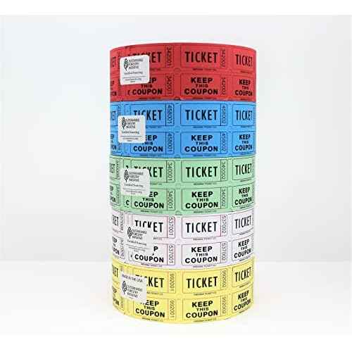 INDIANA TICKET CO. Raffle Tickets Double Roll, 5 Rolls 2,000 Tickets, 1 Roll Each Red, Blue, Green, White & Yellow, Premium Quality 50/50, Events Tickets (Pack of 5)