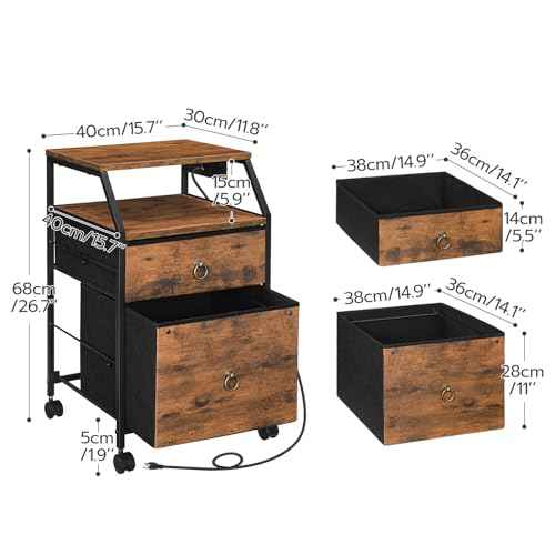 HOOBRO 2-Drawer Mobile File Cabinet, Filing Cabinet with Charging Station, Printer Stand with Open Storage Shelf, for A4/Letter Size, Home Office, Nonwovens Drawer, Rustic Brown and Black BF10UWJ01