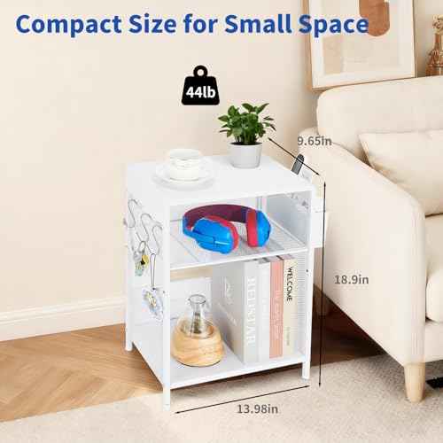 White Printer Stand with Storage Shelf, Small 3-Tier Height Adjustable Printer Table, Industrial Under Desk Printer Stand with Basket & 3 Hooks for Home Office Fax Machine Scanner Files