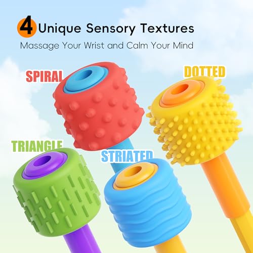 ELETIUO 4 in 1 Sensory Fidget Pencil Topper with Textured Spinners - Red+Blue, Blue+Yellow, Yellow+Orange, Green+Purple - Stress Relief & Focus Tool for ADHD & Autism