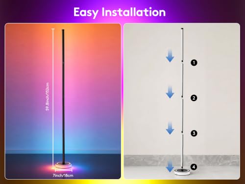 Black Smart RGBICW Floor Lamp with App Control, 16M Colors, Music Sync, Dimmable Ambient Light